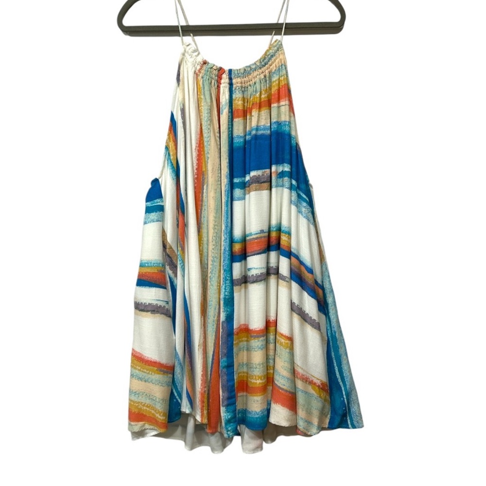 Free People Painted Stripe Mini Dress Halter Tunic White Multi Sundress Large - Picture 3 of 15